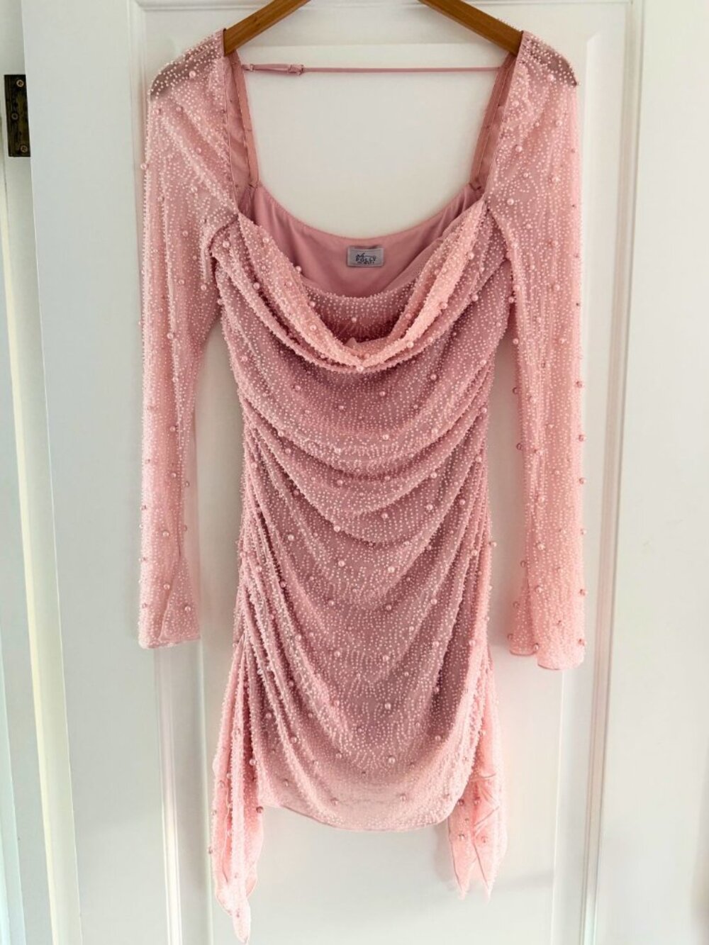Oh Polly Pink Pearl Embellished Cowl Neck Mini Dress - US 6